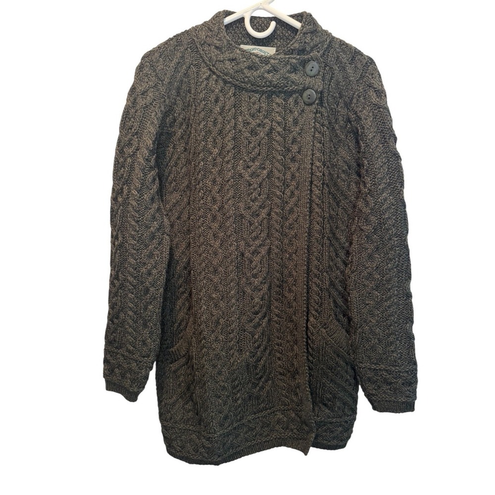 Aran Crafts Ireland Womens Green Cable Knit Merino Wool Sweater Coat M NEW
